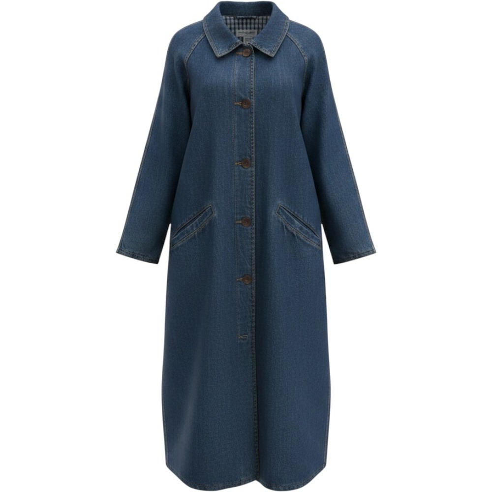 David Hollis Vintage Denim Duster Coat Blue Gingham Lined Long Trench Large VTG